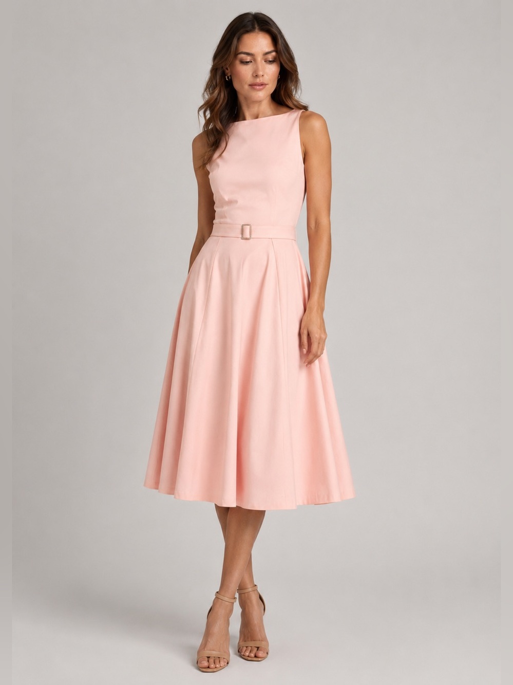 Luly K Vintage Pink Belted Fit & Flare Midi Dress Boat Neck Wedding Guest